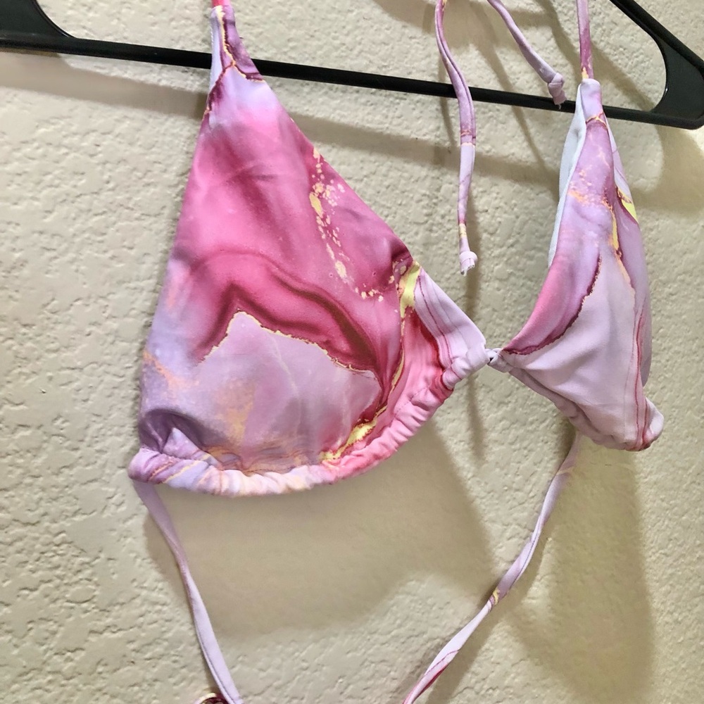 Women's Pink Marble Triangle Bikini Top and Thongs with Skirt Coverup - Picture 3 of 5
